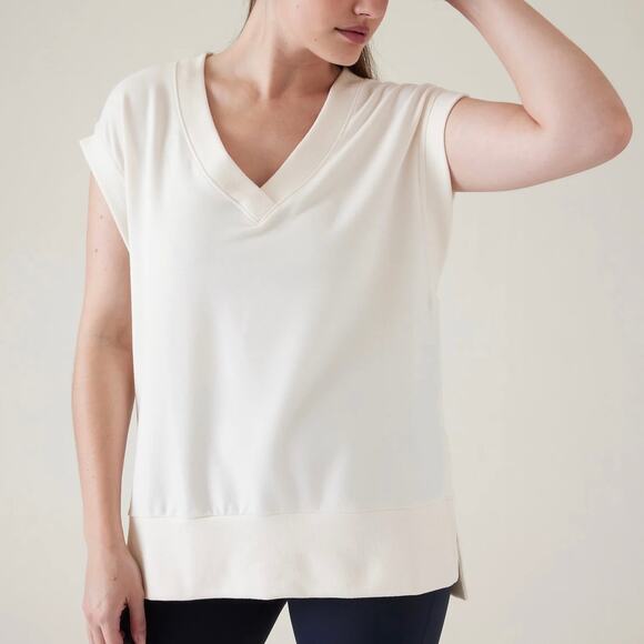 ATHLETA Retroterry V-neck Sweatshirt Top Womens Large Cream Sleeveless Pullover - Picture 1 of 13